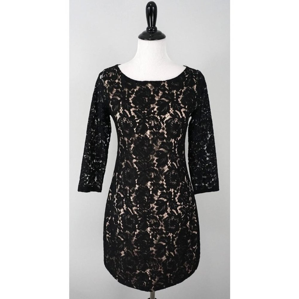 Vince Camuto Black Tan Floral Lace 3/4 Sleeve Formal Dress Size 4